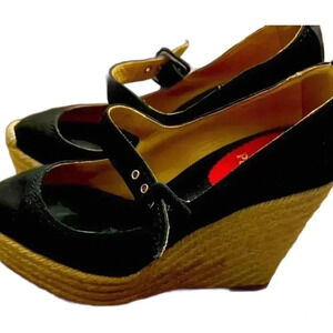 CHRISTIAN LOUBOUTIN Mallorca Canvas Espadrille Wedges 38 8 Black Mary-Jane